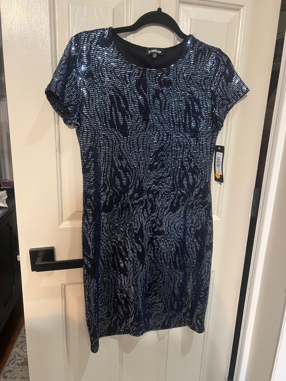 bebe silver and blue disco dot Short Sleeve Sheath Dress
